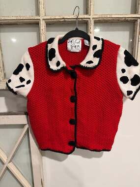 Vintage Michael Simon Short Sleeve Sweater Red with Dalmatian sleeves